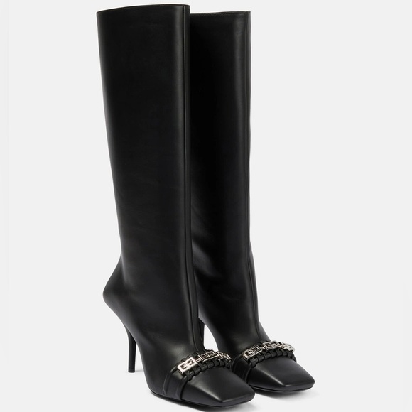 Givenchy G Woven Leather Knee High Black Boots - Picture 1 of 9